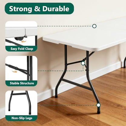 Folding Table 2 Pack, 6FT Folding Table Portable with Built-in Handle, Heavy Duty Plastic Table with Steel Legs Supports to 300lbs, Suitable for Party, Camping, Events Indoor&Outdoor Use, White