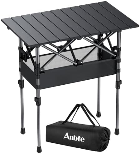 Anbte 2ft Small Roll Up Camping Table, Aluminum Portable, 25” X 16”, Black