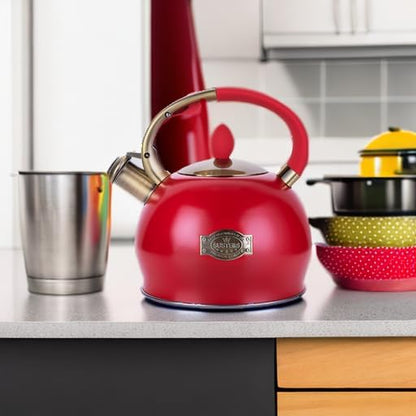 SUSTEAS Stove Top Whistling Tea Kettle - Food Grade Stainless Steel Teakettle Teapot with Cool Touch Ergonomic Handle, With 1 Silicone Pinch Mitt Included, 2.64 Quart(RED)