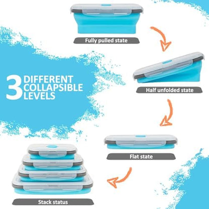 Collapsible Silicone Food Storage Containers Set with Lid & Air Vent, Foldable Lunch Containers, 16 Pack (8 Rectangular + 8 Round Bowls), BPA-Free, Space-Saving