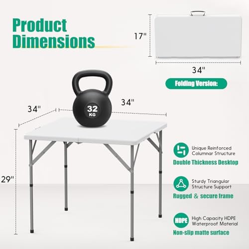 34'' Square Folding Card Table 2 Pcs,Dining Table with Handle & Safety Lock