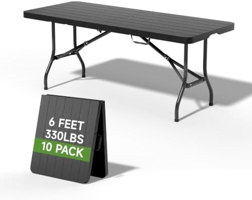 Heavy Duty Folding Table, Sturdy Portable Foldable Table with Safety Lock, Indoor Outdoor Use for Camping Party, 6/8 Foot (Standard, Black-Wood Grain, 6FT-10 Pack)