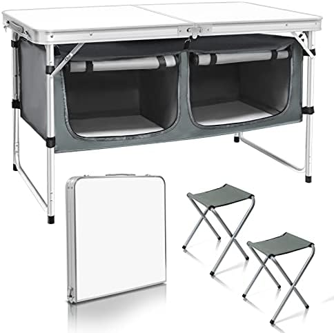 CampLand Outdoor Folding Table Aluminum Lightweight Height Adjustable with Storage Organizer for BBQ, Party, Camping