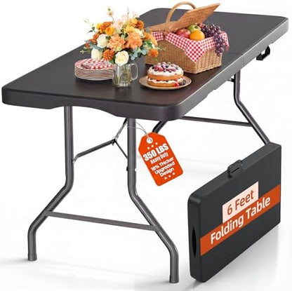 SKONYON 6ft Folding Table Heavy Duty 350 LBS Foldable Table with 18% Thicker HDPE Top Reinforced Steel Frame Portable Fold-in-Half Table Under 22 lbs for Outdoor Indoor Party Wedding Camping Black