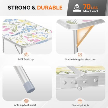 VINGLI 4FT White Folding Table with Carrying Handle Height Adjustable Lightweight Fold Up Portable for Indoor Outdoor Picnic,Camping,Hiking,Fishing,BBQ …