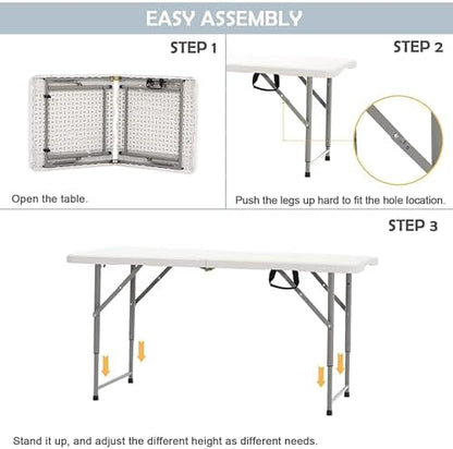 SKONYON 4 Foot Folding Table Heavy Duty Portable Fold-in-Half Plastic Utility Table Small Indoor Outdoor Adjustable Height Folding with Carrying Handle, Camping and Party, Portable White