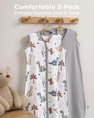 Baby Sleep Sack 6-12 Months 0.5 TOG, 100% Cotton Baby Wearable Blanket 2 Pack with 2-Way Zipper, Lightweight Sleep Bag for Boys ＆ Girls Newborn Infant Breathable Sleeing Sack Grey Dinosaur