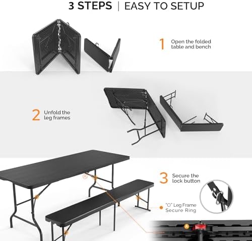 Bonnlo Black Folding Picnic Table Set with 2 Benches, 6 Feet Camping Table Chair Set, Modern Portable 3-Piece Furniture for Indoor/Outdoor Use, White Folding Picnic Table with Smooth Tabletop