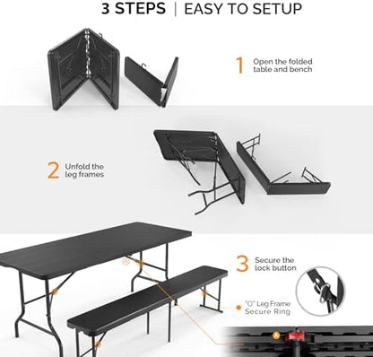 Bonnlo Black Folding Picnic Table Set with 2 Benches, 6 Feet Camping Table Chair Set, Modern Portable 3-Piece Furniture for Indoor/Outdoor Use, White Folding Picnic Table with Smooth Tabletop