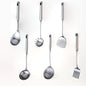 316 Stainless Steel Cooking Tool Set: saute pan spatula ladle, skimmer slotted, pasta, serving spoon, slotted spatula seasoner, dishwasher safe.