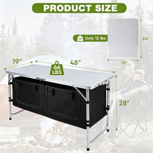 Camping Table with Storage, Portable Lightweight 3 Height Adjustable for Outdoor,Black