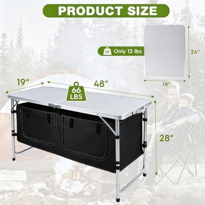Camping Table with Storage, Portable Lightweight 3 Height Adjustable for Outdoor,Black