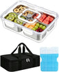 Snackle Box Container, Stainless Steel Divided Serving Tray with Lid and Handle,Large Snack Tray for Fruit Veggie, 4-Compartment Snack Platter for Travel Party Beach Picnic,with Ice Pack(Silver White)
