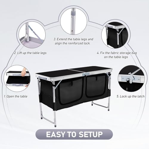 VINGLI 4 Ft Folding Table, Aluminum Camping Table, Picnic Table with Storage, Adjustable Height for Outdoor Beach BBQ Backyards Travel Party (Black)