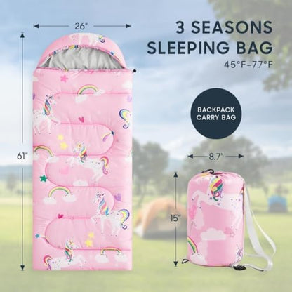Wake In Cloud - Kids Sleeping Bag for Girls Toddlers, Camping in Warm Cold Weather, Backpacking Lightweight Compact Outdoor Liner for 3 Seasons, Unicorns Rainbow Clouds