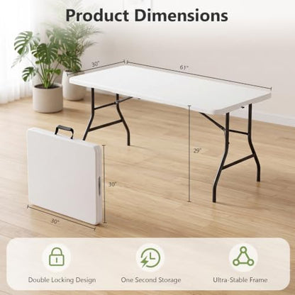 Folding Table, 5FT Foldable Picnic Table with Carrying Handle, Heavy Duty Fold-in-Half Portable Table for Weddings, Camping, RV Travel, Parties, BBQs, and Indoor Use, Easy to Fold and Store, White