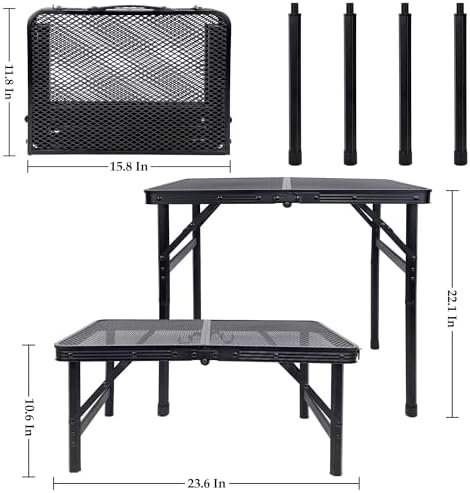FORUP Small Folding Table, Camping Table with Mesh Desktop, Portable Picnic Table with Carry Handle, Height Adjustable Portable Grill Table for Outside Inside Use