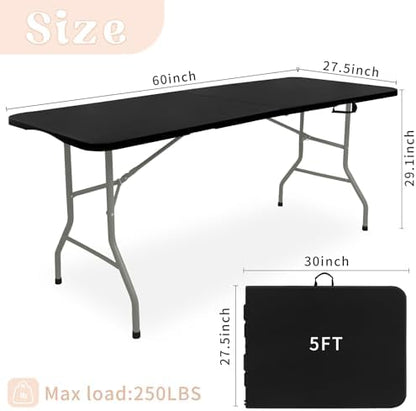 Set of 2 Folding Table 5 FT Camping Table Portable Heavy Duty Plastic Rectangular Outdoor Dining Table Steel Legs Fold-in-Half with Carrying Handle for Indoor,Picnic,Party,Wedding,Events(Black)