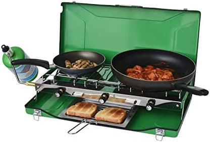 Flame King YSNBBQ-136M 3-Burner Portable Camping Stove Grill w/Toast Tray, Great for Outdoor Cooking, Backpacking, Hiking, & Emergency, Compatible with 1LB Propane Gas Bottle