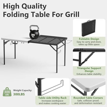 Folding Table 2 Pack, 5ft Folding Grill Table, Portable Camping Prep Table for Cooking&BBQ, 2-in-1 Metal&Solid Surface Foldable Grill Station for Camping, Backyard, Patio Cooking Use(Black and White)