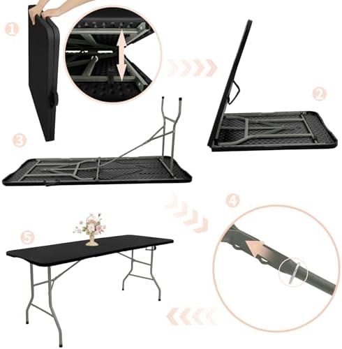 Set of 2 Folding Table 5 FT Camping Table Portable Heavy Duty Plastic Rectangular Outdoor Dining Table Steel Legs Fold-in-Half with Carrying Handle for Indoor,Picnic,Party,Wedding,Events(Black)