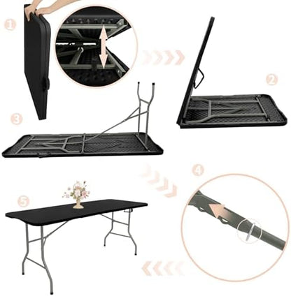 Set of 2 Folding Table 5 FT Camping Table Portable Heavy Duty Plastic Rectangular Outdoor Dining Table Steel Legs Fold-in-Half with Carrying Handle for Indoor,Picnic,Party,Wedding,Events(Black)