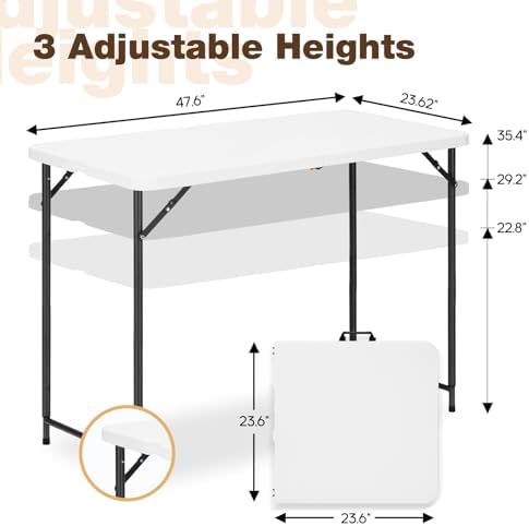 4ft Folding Table with Adjustable Height, 3-Level Foldable Table with HDPE Top & Steel Legs, Portable 4 Foot Folding Table for Picnic, Party, Craft, Indoor Outdoor Use, White