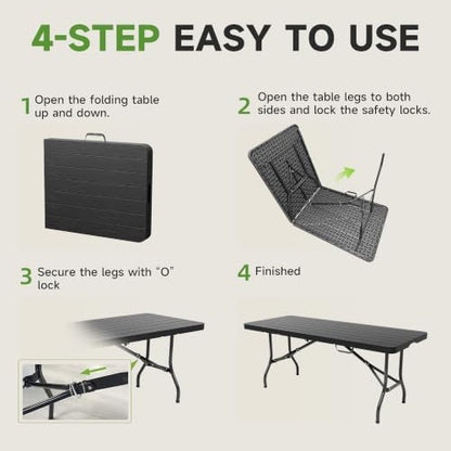 Heavy Duty Folding Table, Sturdy Portable Foldable Table with Safety Lock, Indoor Outdoor Use for Camping Party, 6/8 Foot (Standard, Black-Wood Grain, 6FT-10 Pack)