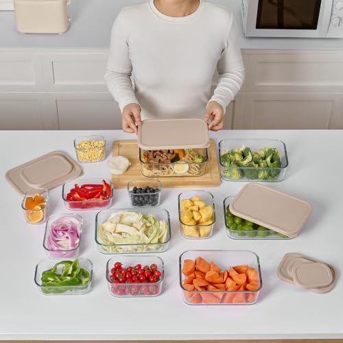 Glass Food Storage Containers with Lids — 12 Piece — 26.5 oz & 40.57 oz Glass with BPA-Free Leak Resistant Stackable Lids — Microwave, Oven & Dishwasher Safe — Ideal for Meal Prep - Cashew Cream