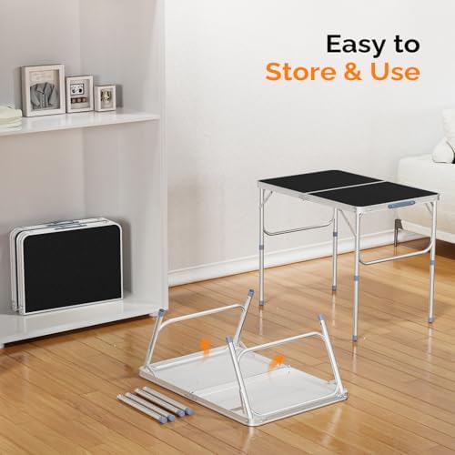 VINGLI 3FT Small Camping Table Adjustable Height Aluminum Folding Table for Picnic Party BBQ, Plastic RV Suitcase Table Portable Lightweight Fold Up Utility Outdoor Tables with Carrying Handle …