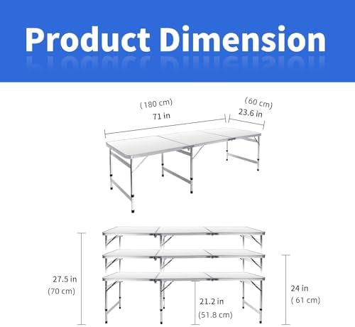 Moosinily Camping Table 6FT Folding Table Large 3 Adjustable Height Portable Picnic Table Camp Aluminum Outdoor Picnic BBQ White