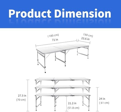 Moosinily Camping Table 6FT Folding Table Large 3 Adjustable Height Portable Picnic Table Camp Aluminum Outdoor Picnic BBQ White