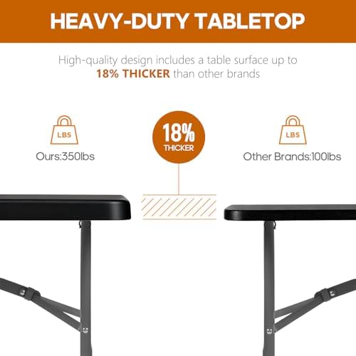 SKONYON 6ft Folding Table Heavy Duty 350 LBS Foldable Table with 18% Thicker HDPE Top Reinforced Steel Frame Portable Fold-in-Half Table Under 22 lbs for Outdoor Indoor Party Wedding Camping Black
