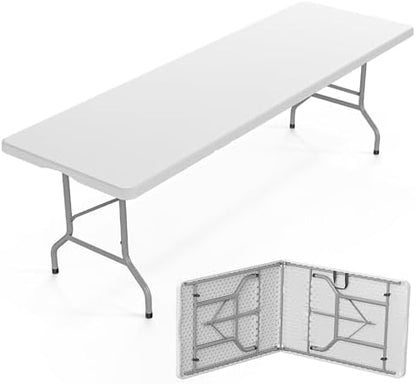 Bonnlo Folding Table 8ft, Portable Collapsible Plastic White Long Tables for Party, Camping, Banquet, Craft, Dining, Wedding, Outdoor and Indoor Use