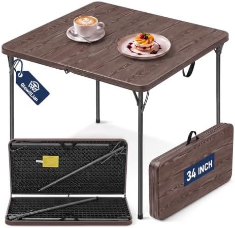 34" Square Folding Table for 4 Person, 330lbs Weight Capacity Foldable Table with HDPE Tabletop & Heavy-Duty Steel Legs, Portable Picnic Table for Indoor Outdoor Parties, Camping, Coffee Woodgrain