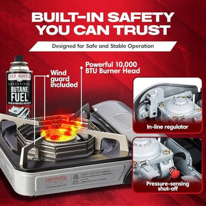 Chef Master Butane Camping Stove - Combo w/ 4x Fuel Canisters, 10,000 BTU
