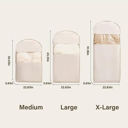 Space Saving Hanging Garment Bag with Self Compression Zipper, Space-Saving Dust-Proof Down Jacket Compression Storage Bag for Coats Blankets, Sweaters, Seasonal Clothes(Beige, L)