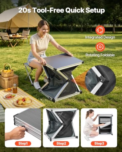 VEVOR Folding Camping Storage Cabinet, Outdoor Portable Aluminum Lightweight Table, Quick Set-up Compact Kitchen Cook Station, with 3 Shelves and Carry Bag, for Picnic, BBQ, Camping, RV Traveling
