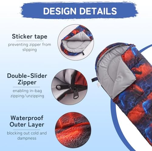 tuphen Kids Sleeping Bag - 50-77℉ 3-Season Waterproof Sleeping Bag for Boys & Girls, Lightweight 2.2 lbs Camping Gear with Compression Bag Ideal for Camping, Hiking, Indoor