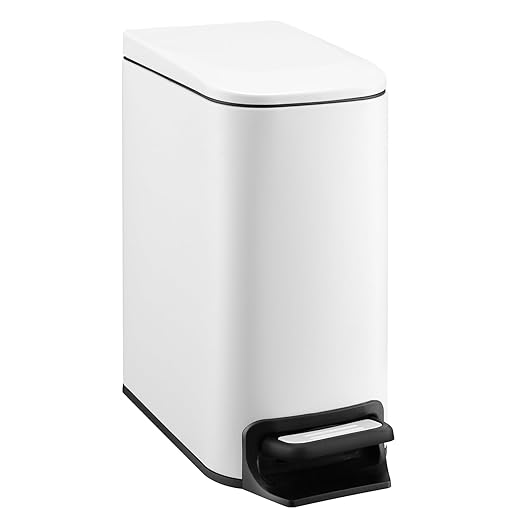 TIPGO Slim Bathroom Trash Can with Lid Soft Close, Step Pedal, 6 Liter / 1.6 Gallon Stainless Steel Trash Bin, Small Garbage Cans for Bedroom, Office, Kitchen (White)