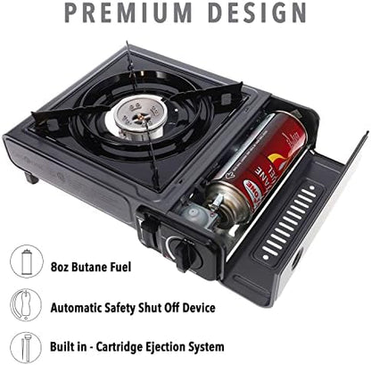 GasOne Portable Butane Camping Stove with Case + 4 Fuel Canister Catridge: Automatic Ignition, Precise Heat Control - Camping & Tailgating and Outdoor Cooking