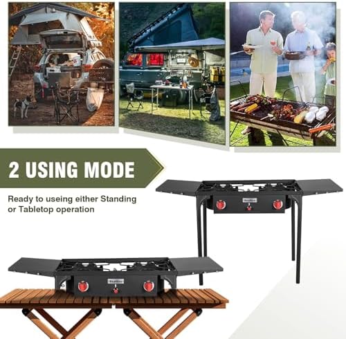 Bestfire 2 Burner Propane Camping Stove,150,000 BTU,Exclusive One-Touch Auto Ignition (Safer & Convenient),2 Side Shelves,CSA-Certified,30s Tool-Free Setup,Portable for Camping, Estufa De Gas Portatil