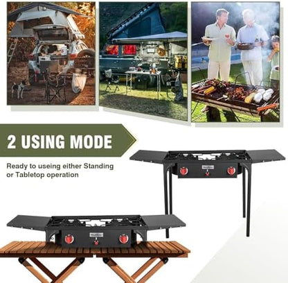 Bestfire 2 Burner Propane Camping Stove,150,000 BTU,Exclusive One-Touch Auto Ignition (Safer & Convenient),2 Side Shelves,CSA-Certified,30s Tool-Free Setup,Portable for Camping, Estufa De Gas Portatil
