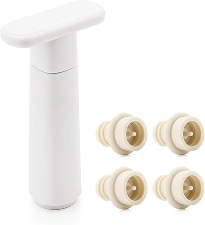 WOTOR Wine Saver Vacuum Pump with 4 Stoppers, Wine Stopper & Preserver, Reusable Bottle Sealer Keeps Fresh, Ideal Accessories Gift, Flat Handle (White)
