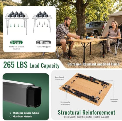KingCamp Bamboo Camping Table with Adjustable Height (265LBS)