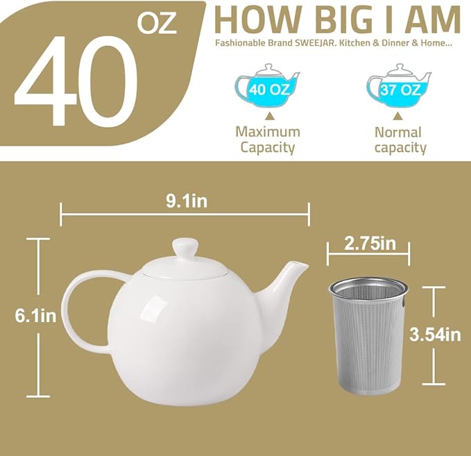 Sweejar Porcelain Teapot with Removable Stainless Steel Infuser,Microwave & Dishwasher Safe Tea Pots for Loose Tea,Tea Infuser Pots for Chrismas Women Gift (40oz White)