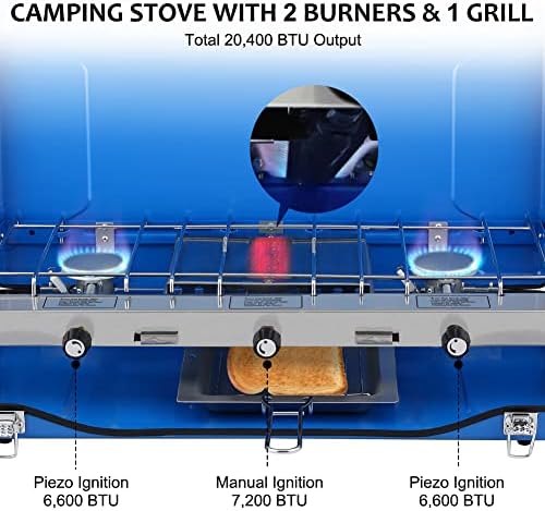 Camplux Camping Stove 20,400 BTU, 1 Grill & 2 Burners Propane Stove for Outdoor Cooking
