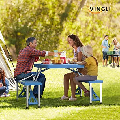 VINGLI 4 Ft Camping Picnic Table Set with 4 Seats with Umbrella Hole Folding Lightweight Suitcase Card Table-220 Lbs Support Aluminum Frame, Plastic RV Tabletop for Barbecue,Travel,Outing,Gathering