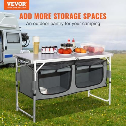 VEVOR Camping Kitchen Station, 3 Adjustable Height Folding Outdoor Camp Cooking Table with Storage Organizer, Quick Set-up for Patio BBQ Picnic Glamping Traveling