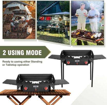 Bestfire 150,000 BTU 2 Burner Propane Camping Stove with Auto Ignition, Windpanel, Portable Outdoor Gas Cooker with Removable Legs, Side Shelves for Camping, BBQ